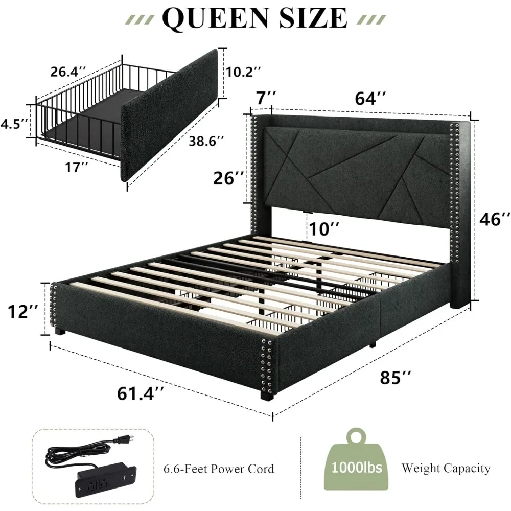 Cadre de lit Queen avec station de charge et étagère à oreilles, LM, 4 wers de proximité de stockage