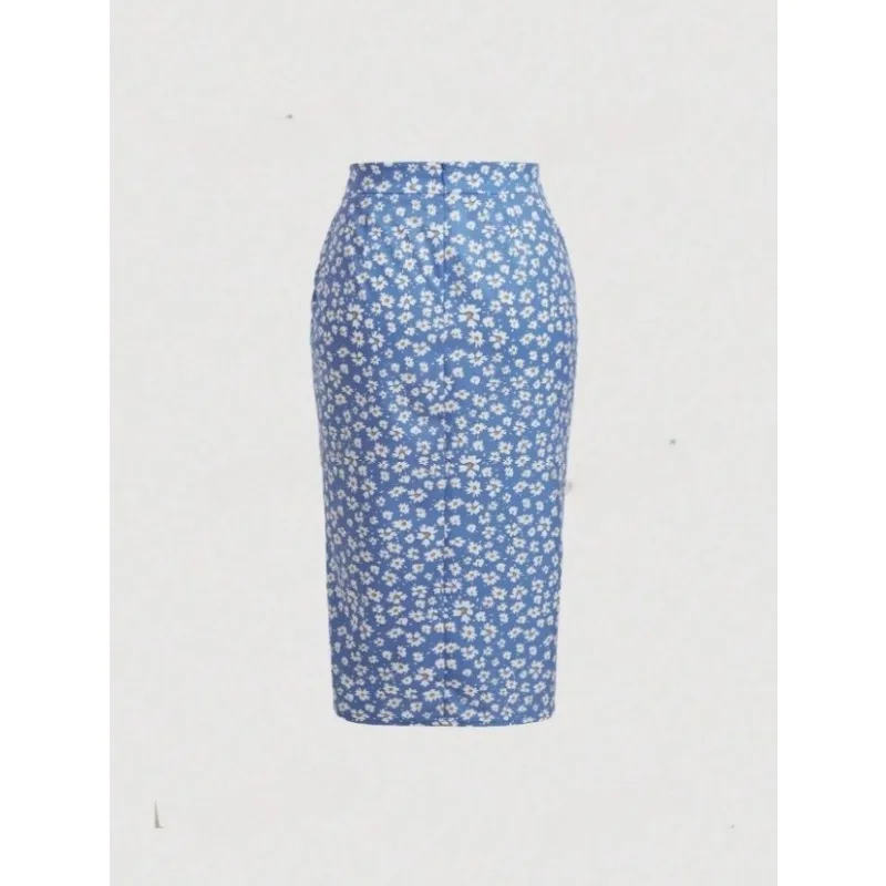 2024 Summer European and American New High Waist Small Chrysanthemum Printed Drawstring Vent Sheath Skirt for Women