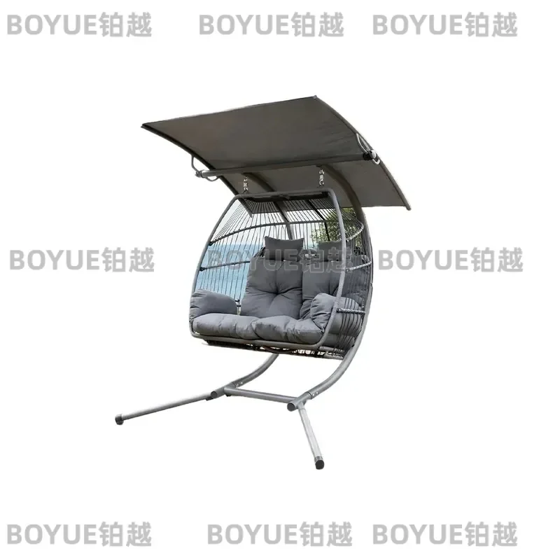 Wrought Iron PE Woven Double Hanging Basket Swing with Awning Outdoor Sun Protection Villa Leisure Rocking Chair