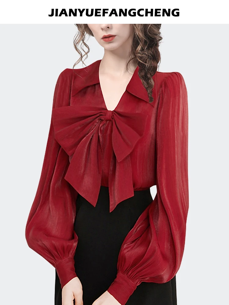 Fashion Lantern Sleeve Bow-knot Design Women Satin Blouse 2023 Spring New Solid Color Long Sleeve Shirt Princess Style Tops