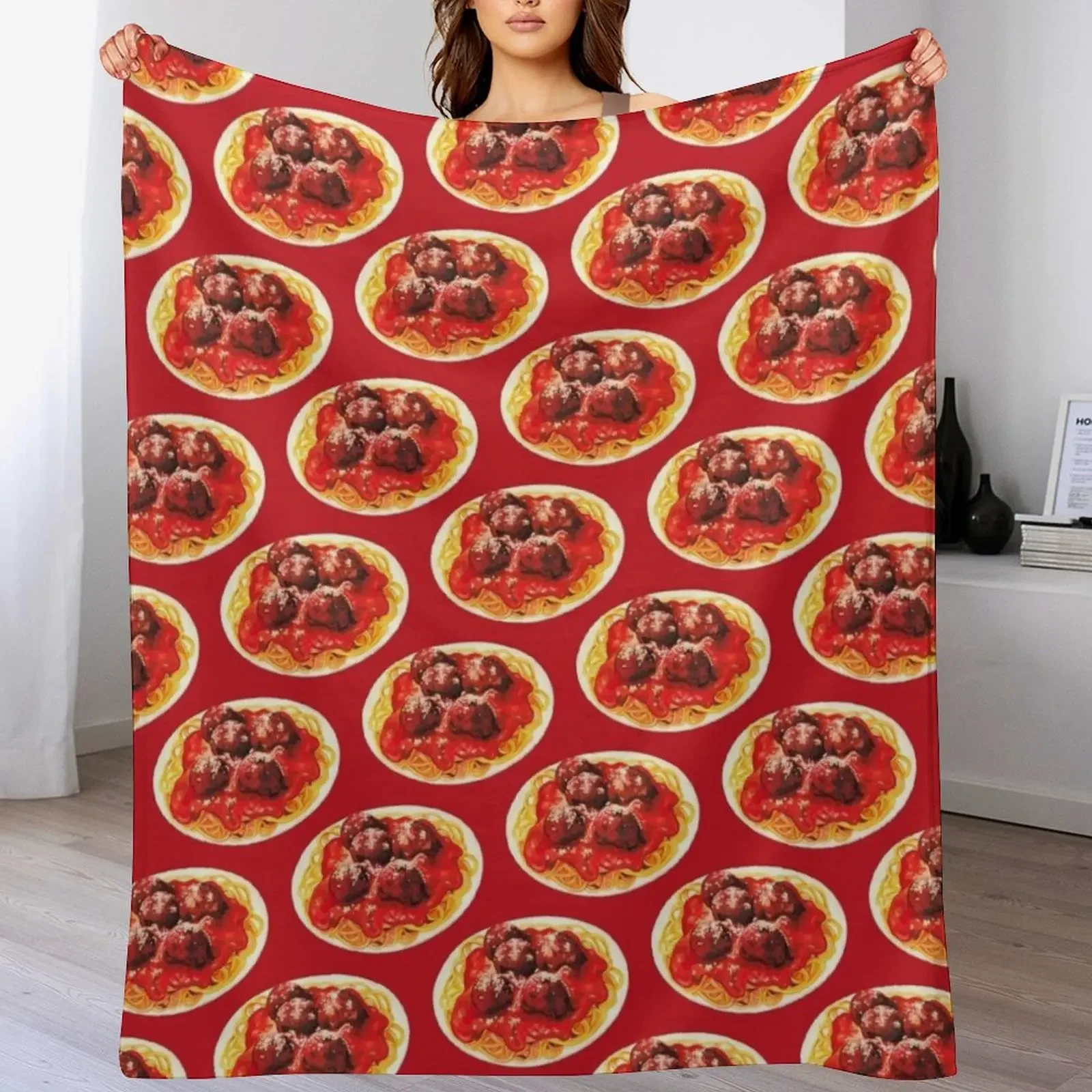 Spaghetti & Meatballs Pattern - Red Throw Blanket Faux Fur Soft Warm Blanket for Bed