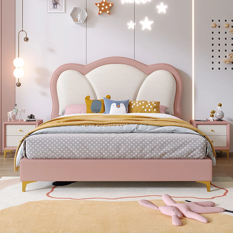 Modern Minimalist Cartoon Leather Bed 1.5-meter Small Apartment Soft Pack Backrest Wooden Frame Children's Room Boys Girls