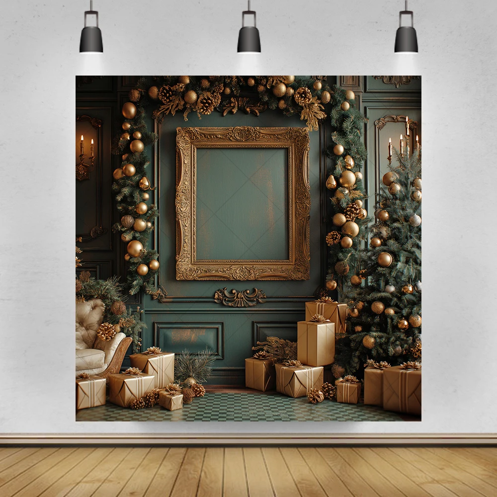 الشتاء الأخضر عيد الميلاد إطار التصوير خلفية مخصصة شجرة عيد الميلاد الأطفال الأسرة صورة مربع لوازم الديكور الدعامة