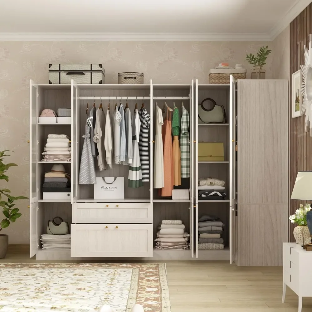 Large L-shaped wardrobe with 6 frosted glass doors,hanging poles, shelves, and drawers, 98.4-inch wooden bedroom storage cabinet