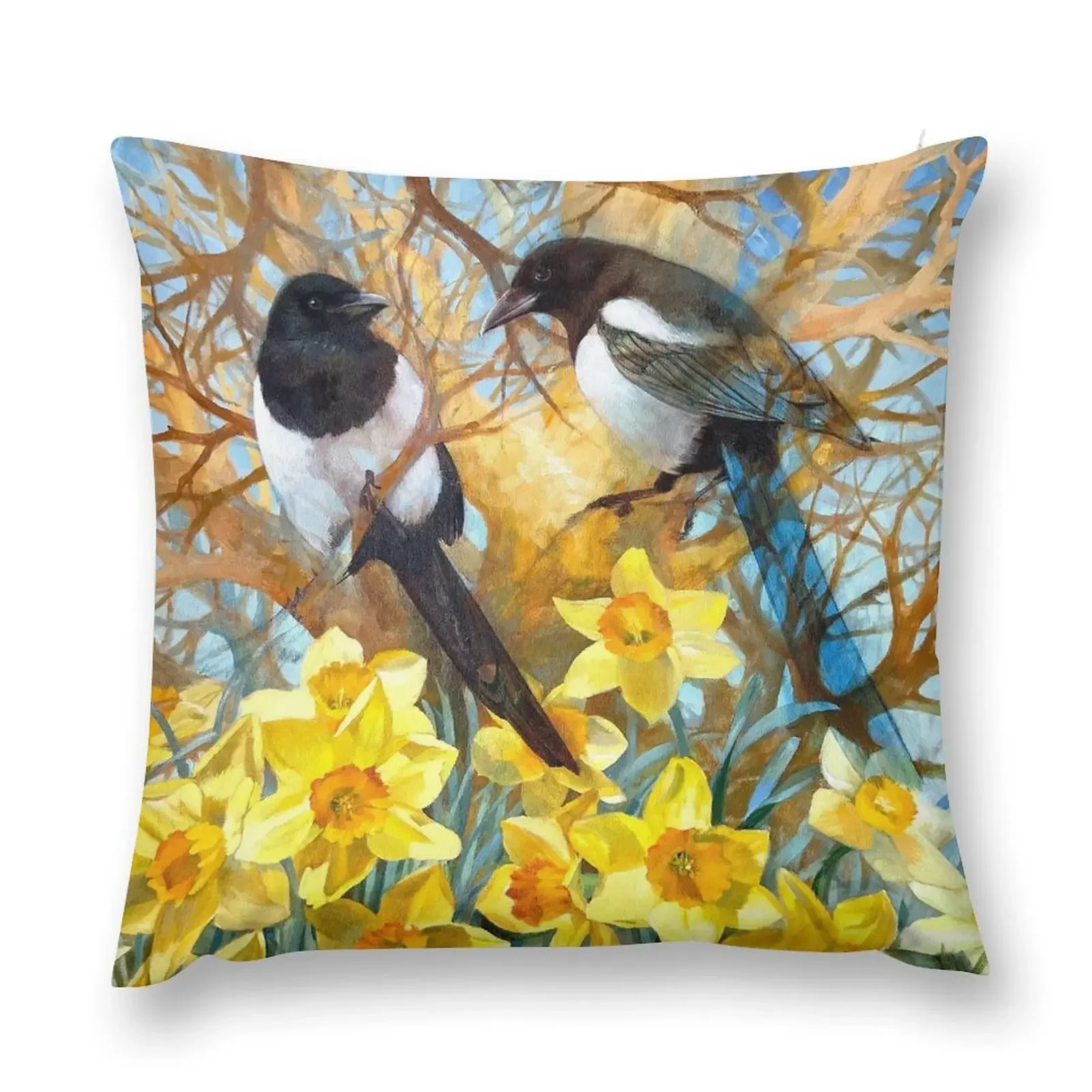 Two for joy. Magpies in daffodils Throw Pillow Cushion Cover Luxury Pillowcase Sofa Pillow Cover pillow