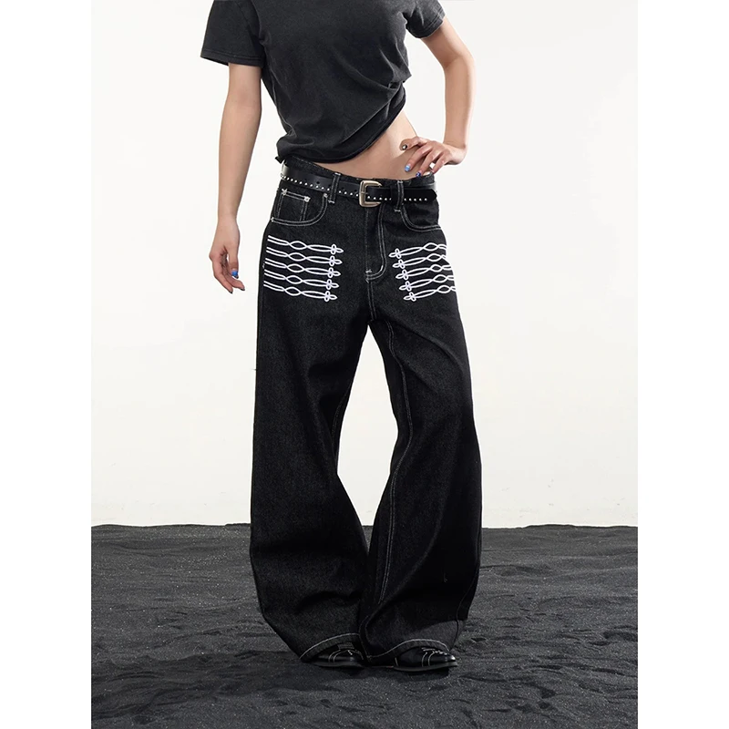 2026 Autumn Women Wide Leg Jeans Street Trip Solid Plain Punk High Street High Waist Floor Length Black