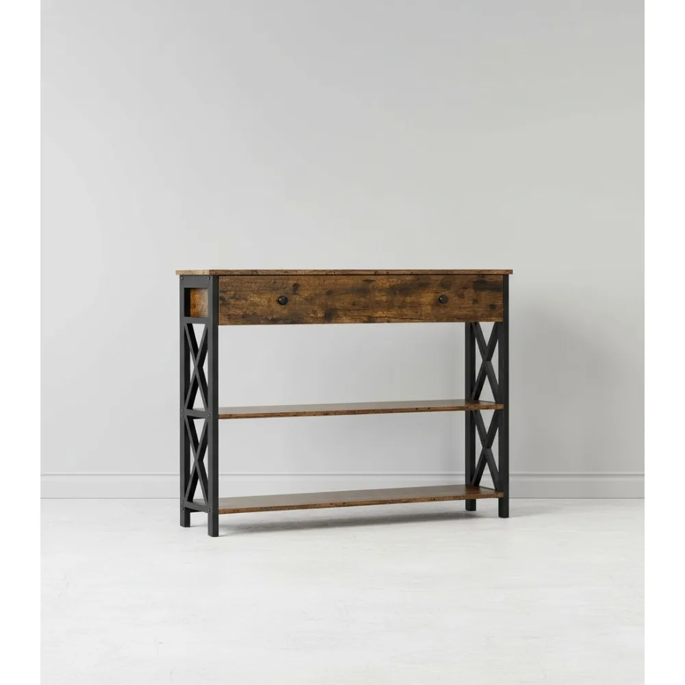 طاولة كونسول بنية ريفية مع درج، أرفف تخزين من 3 طبقات للمدخل، غرفة المعيشة، المدخل #1