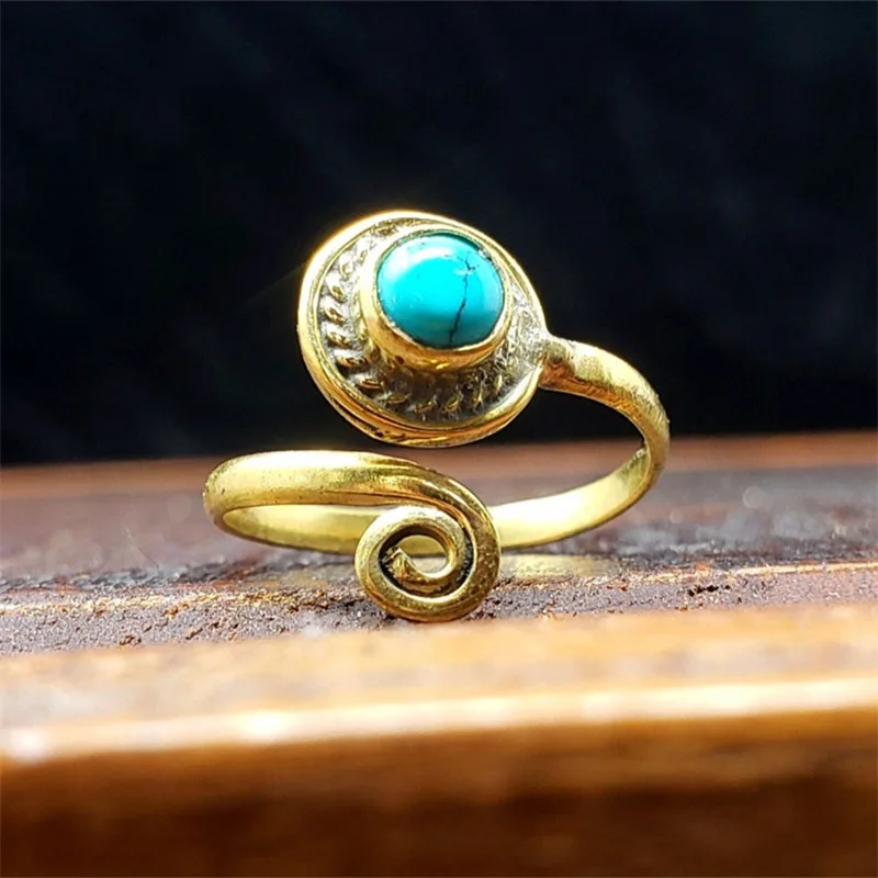 2025 New Fashion Women Bohemian Kallaite Inlaid Spiral Opening Ring Women Ethnic Kallaite Inlaid Adjustable Opening Ring Jewerly