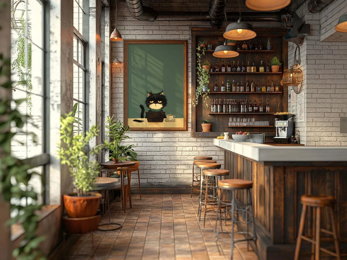 “Whimsical Grumpy Black Cat Wall Art: Cute Feline Working from Home with Laptop & Coffee – Retro-Styled Office/Living Room Decor view 3
