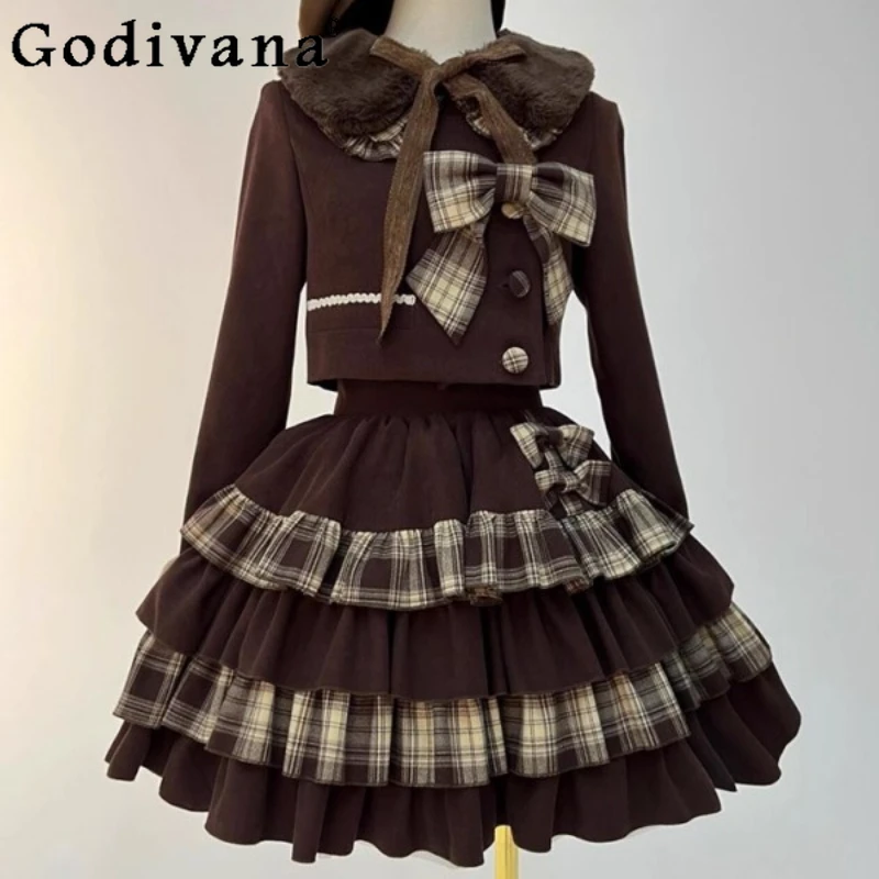 

Sweet Girls Lolita Style Cute Outfits Brown Woolen Bow Short Coat Plaid Puff Skirt Two Piece Set Female Japanese Bow Skirt Suits