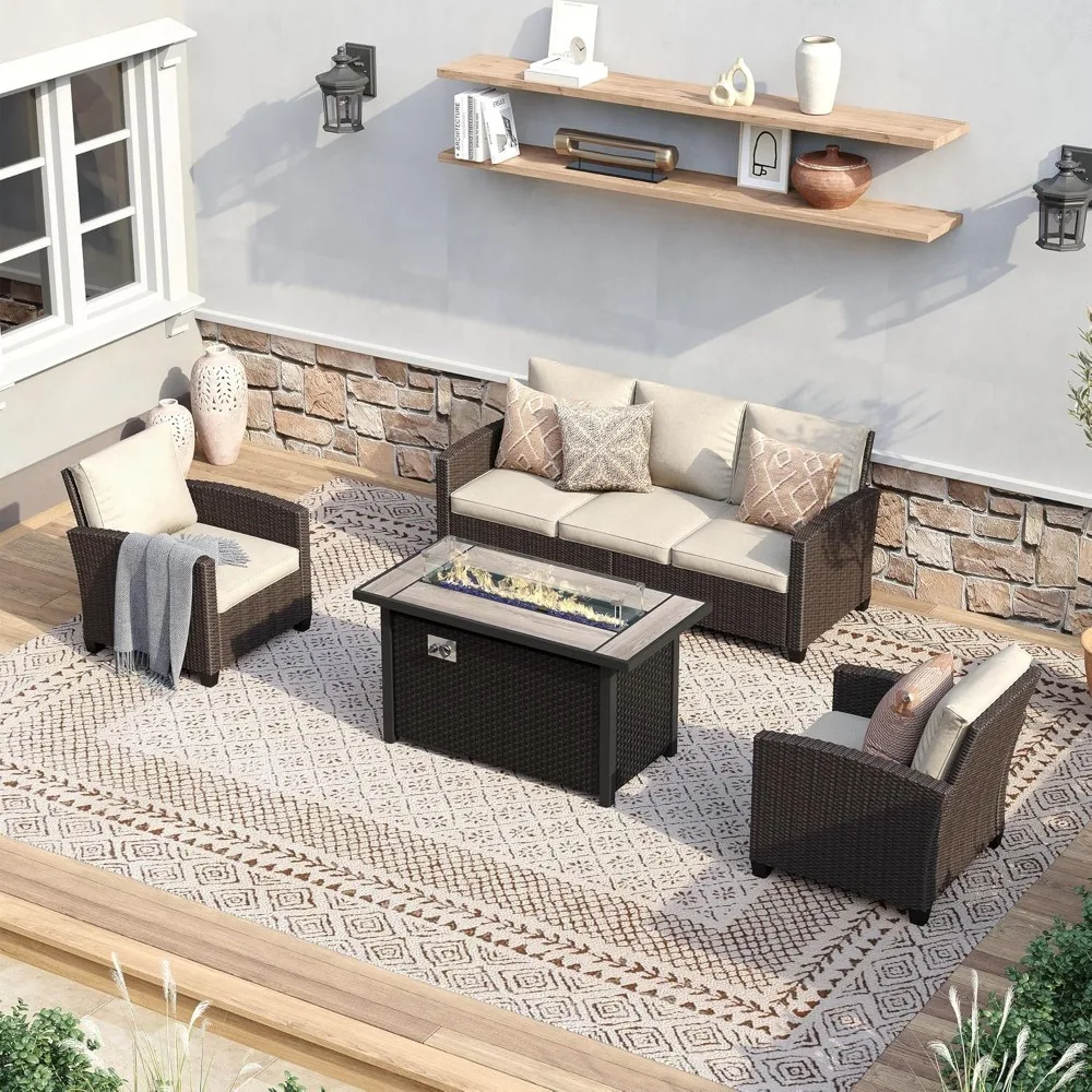 

4 Pieces Patio Furniture Set, Rattan Cushioned Outdoor Conversation Set Wicker 3-Seat Sofa Couch, Table and 2 Sofa Chairs