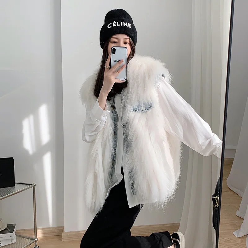 

new raccoon fur car strip fur vest for women's Korean silhouette casual young denim vest