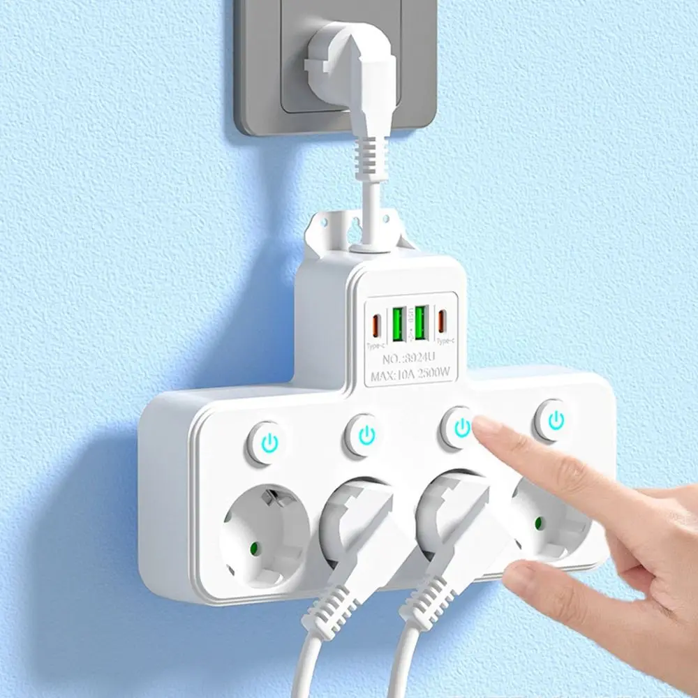 Durable 4/5 Plugs EU Plug Outlet Wall Mounted Type-C Ports Wall Power Independent Switch USB Power Strip Home Offices