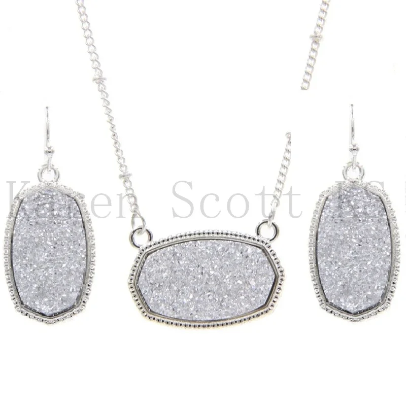 Oval Resin Druzy Drusy Pendant Necklace Hexagon Druse Charms Drop Earrings  Color Fashion Jewelry Set Gift