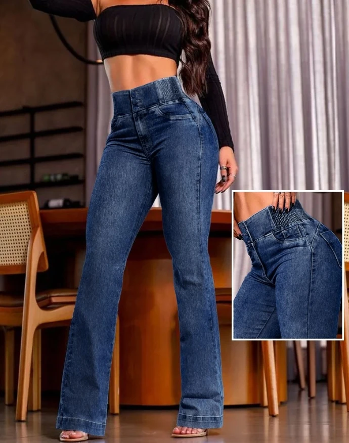 

Women's Retro Fashion Trousers 2025 Spring Summer Latest Back Shirred Button Front High Waist Jeans Daily Versatile Denim Pants