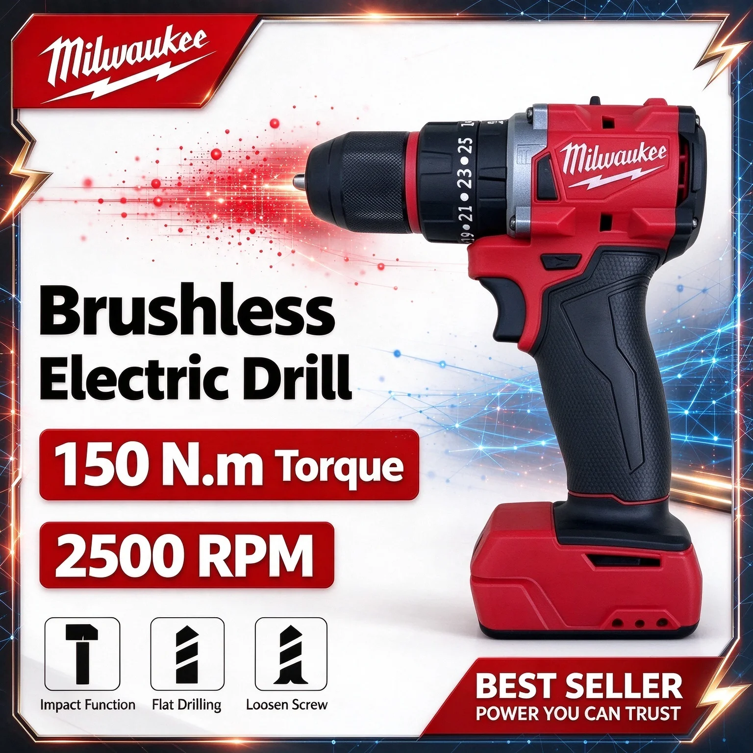 NEW Milwaukee 150N.m Impact Drill Brushless Cordless Electric Drill 20+3 Torque Small Drill Hammer Multifunctional Power Tools