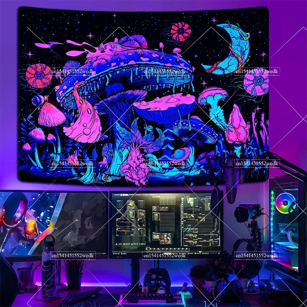 Blacklight Mushroom Moon Tapestry UV Reactive Moon And Stars Neon Tapestry Monster Wall Hanging Grow In The Dark Party Backdrops