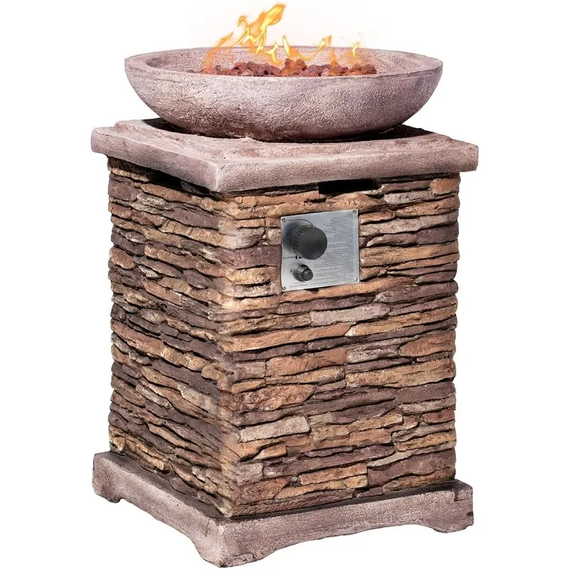 

Propane Gas Fire Pit, Stone Imitation Surface, Outdoor 40000 BTU Heater w Free Lava Rocks and Rain Cover, Can Fits