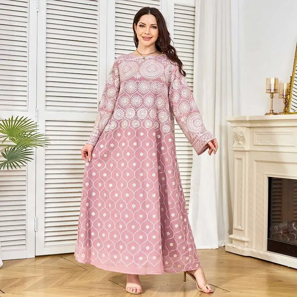 

Muslim Fashion New Muslim Robe Women's Long Dress Round Neck Embroidered Bead Dress Women's Dress Dubai Luxury Islam Elegant