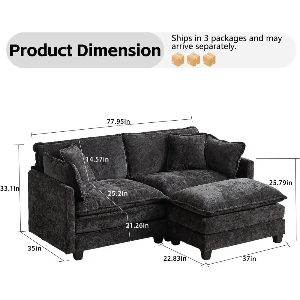 L-Shaped Small Sectional Sofa with Movable Ottoman, Pillows, and Deep Seat Comfort in Chenille Fabric for Living Room