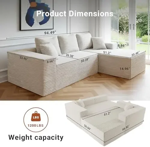 Boneless Couch, Cloud Couch Sectional, L-Shape Corduroy Modular Sectional Sofa Deep Seat, Upholstered Couches for