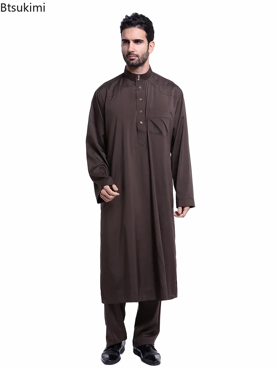 Muslim Arabic Men Jubba Thobe Button Robe+pants2pcs Clothes Suit Abaya Saudi Arabia Eid Turkey Kurtas Islamic Muslim Daily Dress