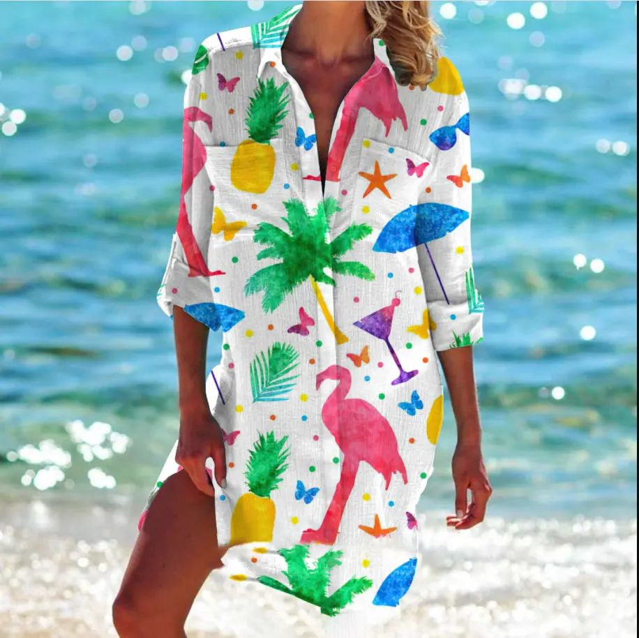 Summer new 3D flamingo printed women's swimsuit mini skirt bikini beach loose top long sleeved sun protection shirt cover up