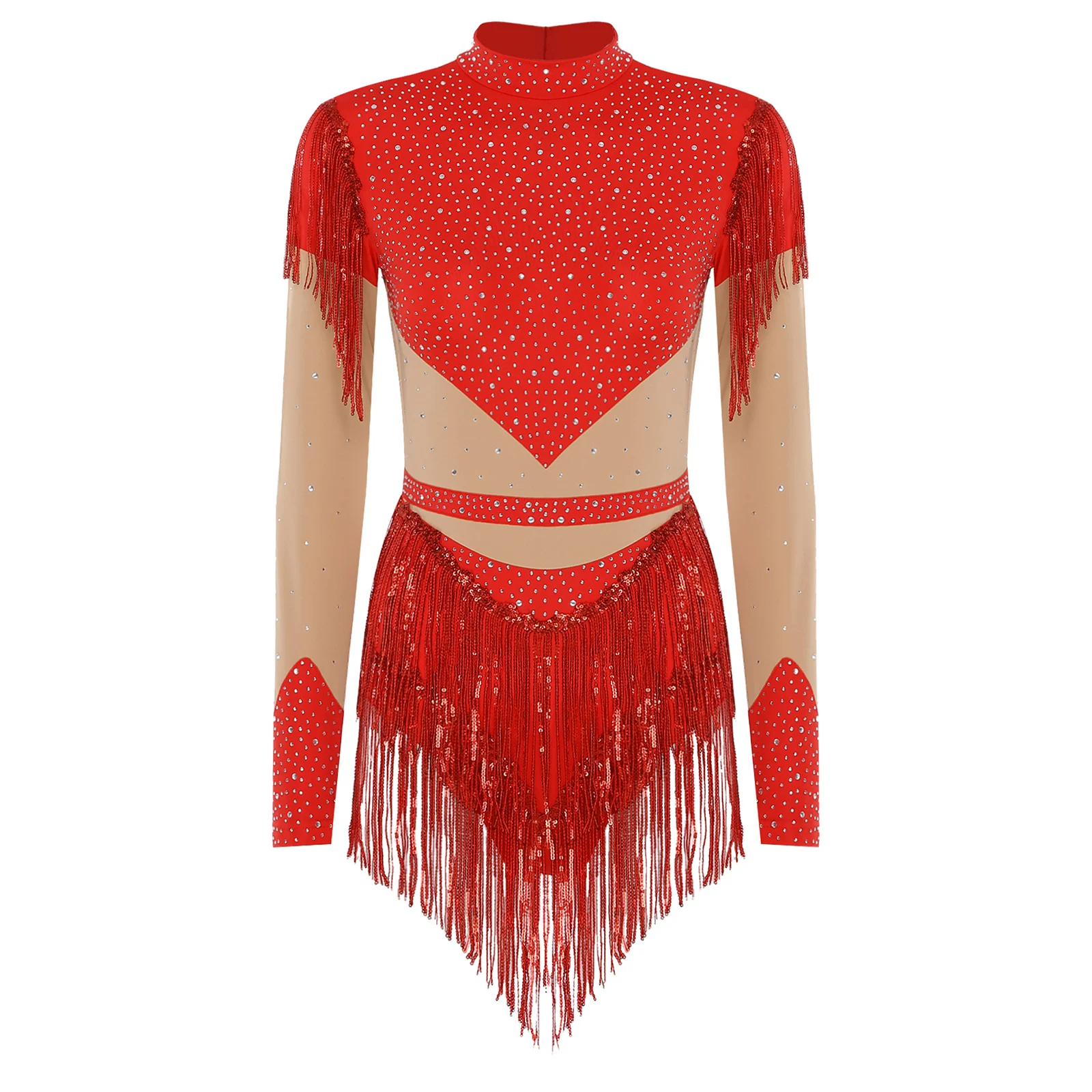 Damski strój do łyżwiarstwa figurowego, sukienka z dżetami, gimnastyczny kombinezon z spódniczką, kompletny strój taneczny z cekinami, frędzlami i długim rękawem.