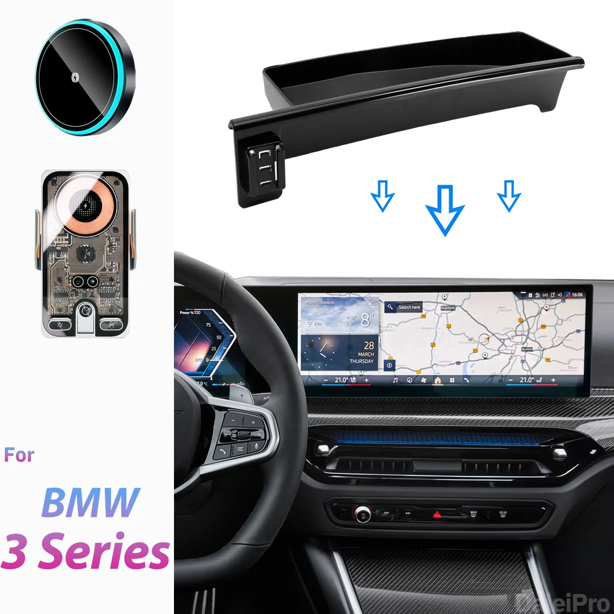 Für BMW 3er Serie G20 2023 2024 2025 2026 BMW 4er Serie G22 i3 i4 Handyhalterung Auto-Aufbewahrungsbox mit Handyhalterungen und Bildschirm-Fixierbasis – Detail 1