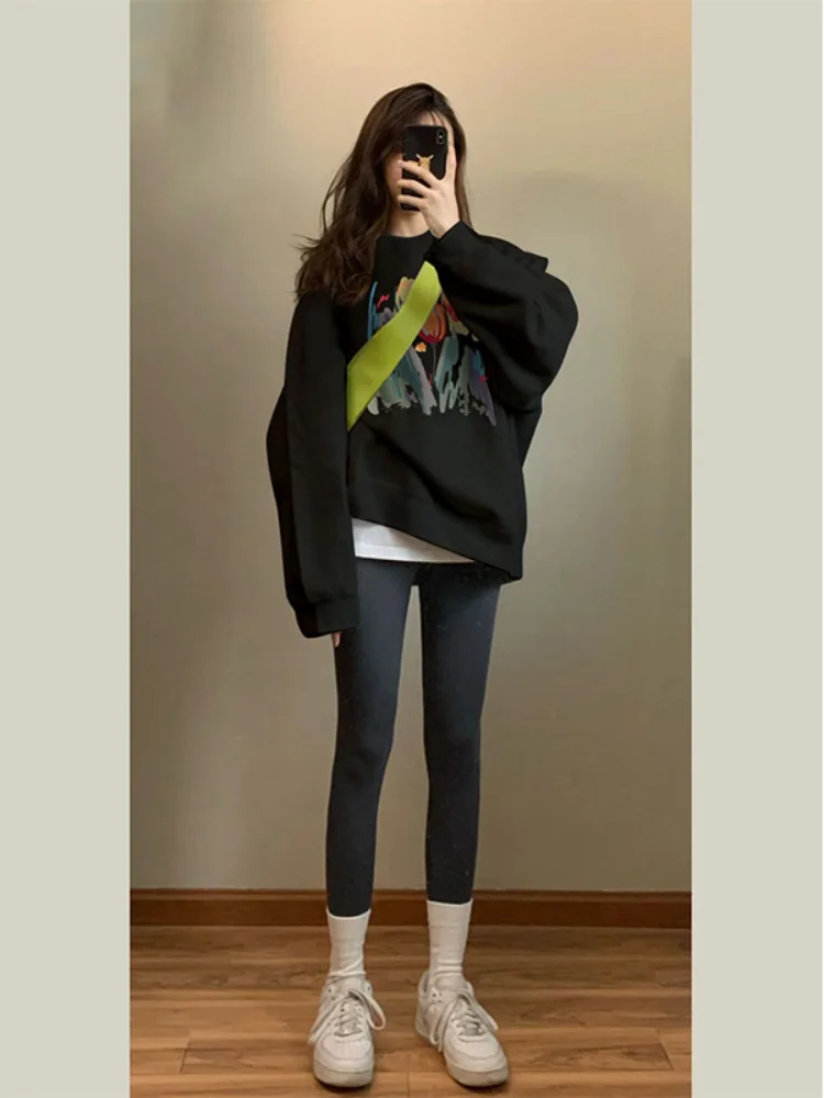 Print Sweatshirts Women Loose Oversized Autumn Plus Velvet 3XL Long Sleeve Pullover Prevalent Hipster Streetwear Aesthetic Tops