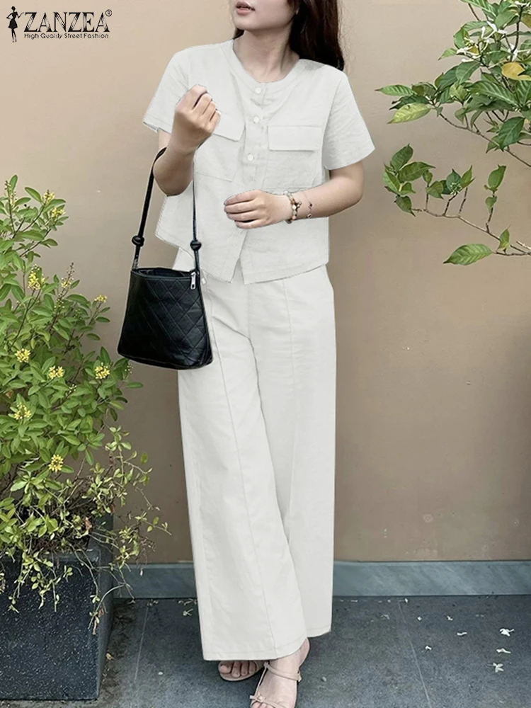 

ZANZEA Женские повседневные комплекты из 2 предметов Летняя мода Рубашки с короткими рукавами и круглым вырезом Широкие брюки Костюмы из 2 предметов Для поездок на работу Однотонные комплекты брюк