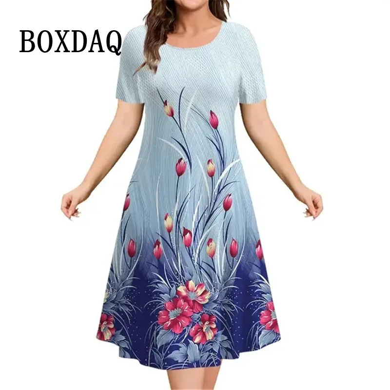 Flower Print Women Dress For Vintage New Short Sleeve O-Neck Mini Dress Summer Pullover Loose Casual Retro Loose Plus Size Dress