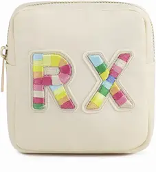 Saco cosmético pequeno personalizado do nylon Rx, Bonito Chenille Letter Patch Medicine Drug Pouch com zíper, Bolsa de maquiagem Preppy