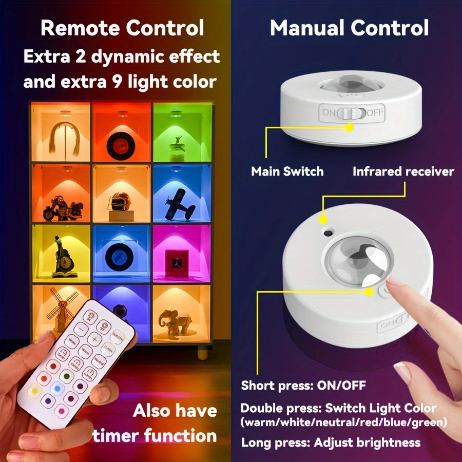 RGB 12 Color Night Light Wireless Remote Control Type-c Rechargeable Light Powered Cabinet Light For Kitchen Wardrobe Bedroom