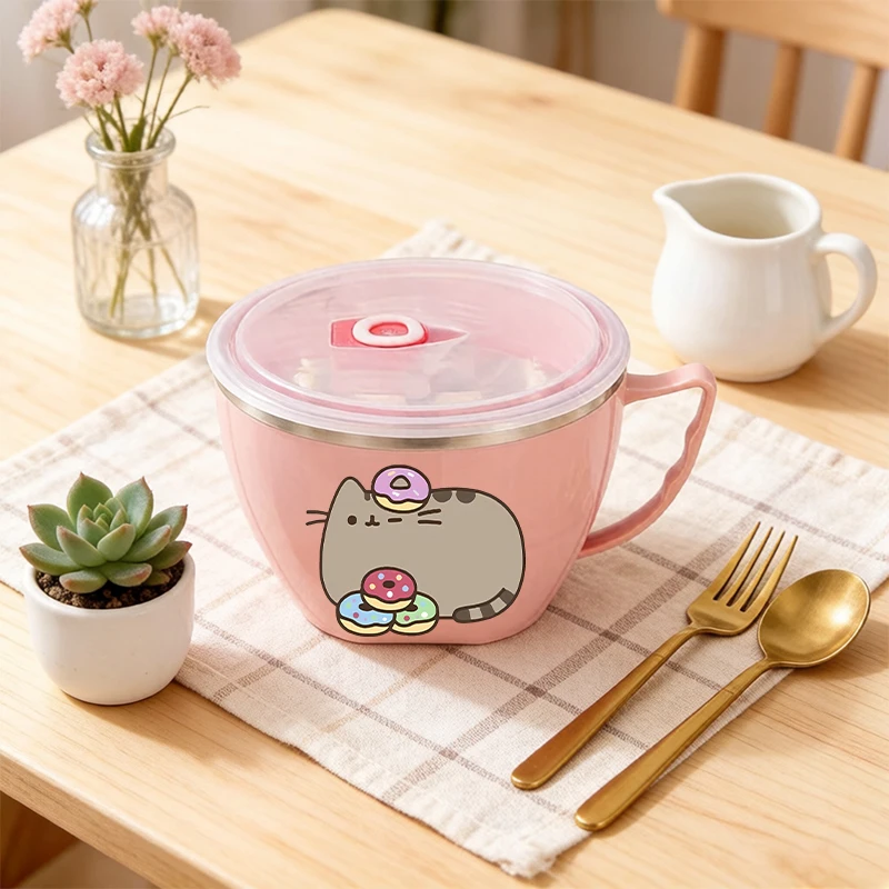 

Cute Pusheens Woman Stainless Steel with Lid Instant Noodle Bowl Double Insulated Anti-scald Lunch Boxes Girl's Anime Trend Gift