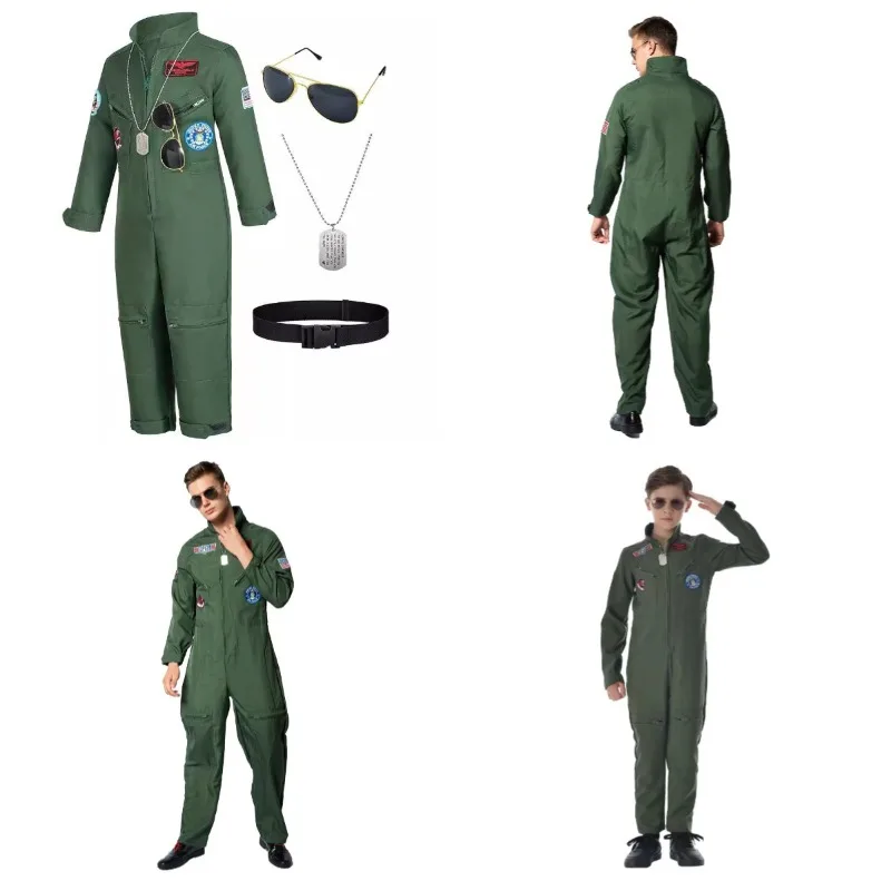 Men’s Pilot Suit  Bodysuit Cosplay American Airforce  Army Green Flight Jumpsuit with Glasses Necklace Party Outfits Uniform