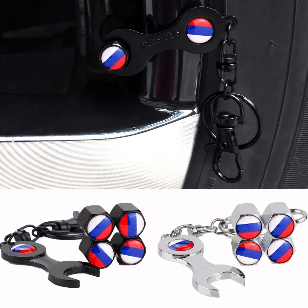 4PCS Russia Flag Car Wheel Tire Valve Caps Tyre Stem Covers with Wrench for BMW Mercedes Renault Citroen Subaru Cadillac Honda