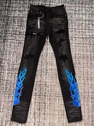 discounted men side blue embroidery flame distressed skinny black jeans