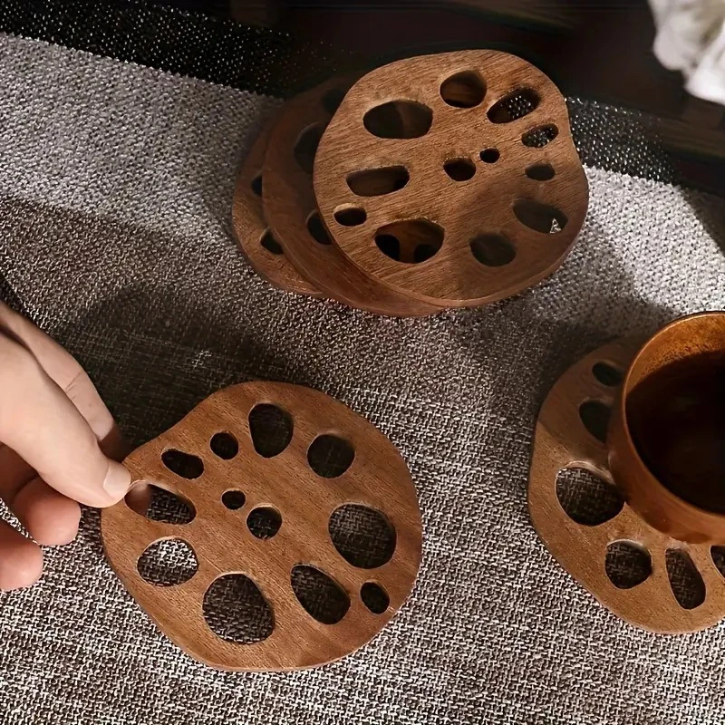 Lotus Root Shaped Wooden Coaster Hollow Out Wood Tea Cup Mat Creative Chinese Style Heat Resistant Trivet Retro Table Decor