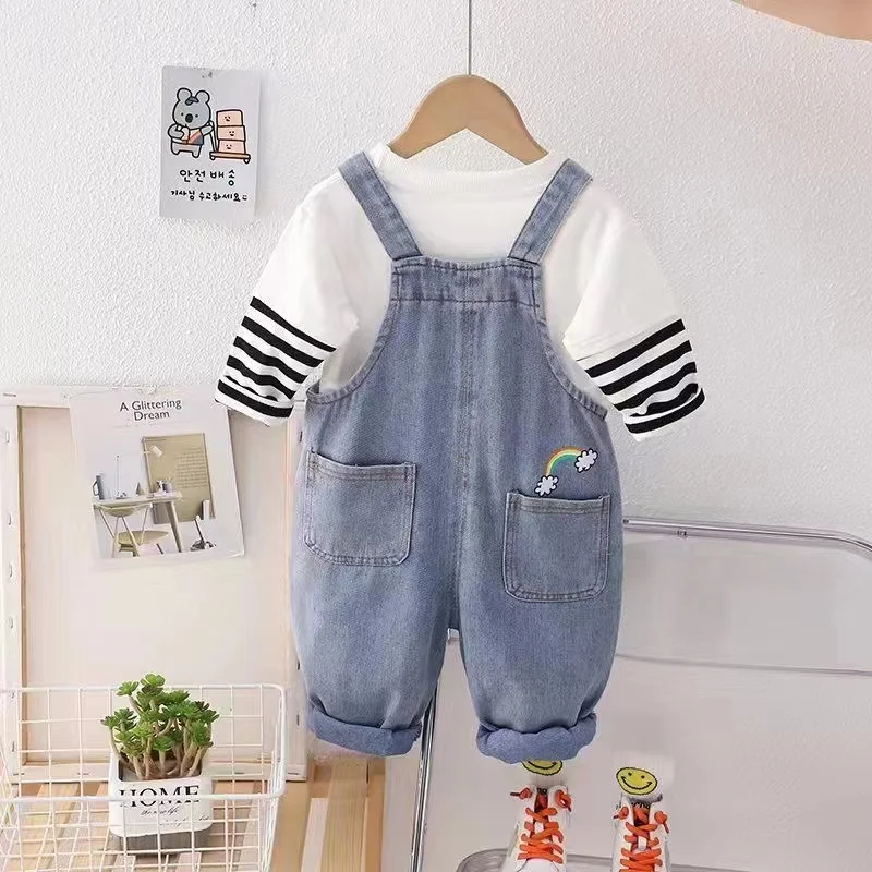 Girls Spring And Autumn Season Denim Shoulder Pants 2024 New Korean Version Children\'s Long Sleeved Shoulder Pants Two-piece Set