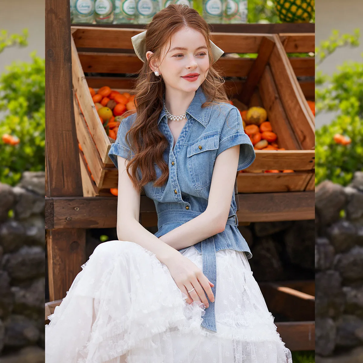 LOUIS YAO قميص دينيم 2025 حزام قابل للإزالة الصيف المرأة بلايز عادية زر معدني التلبيب قميص بأكمام قصيرة #2