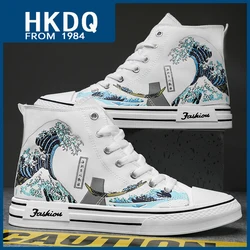 HKDQ-Sapato de lona de cano alto masculino, sapato de vulcanização branca, tênis de skate casual masculino antiderrapante, estampado da moda, outono, novo