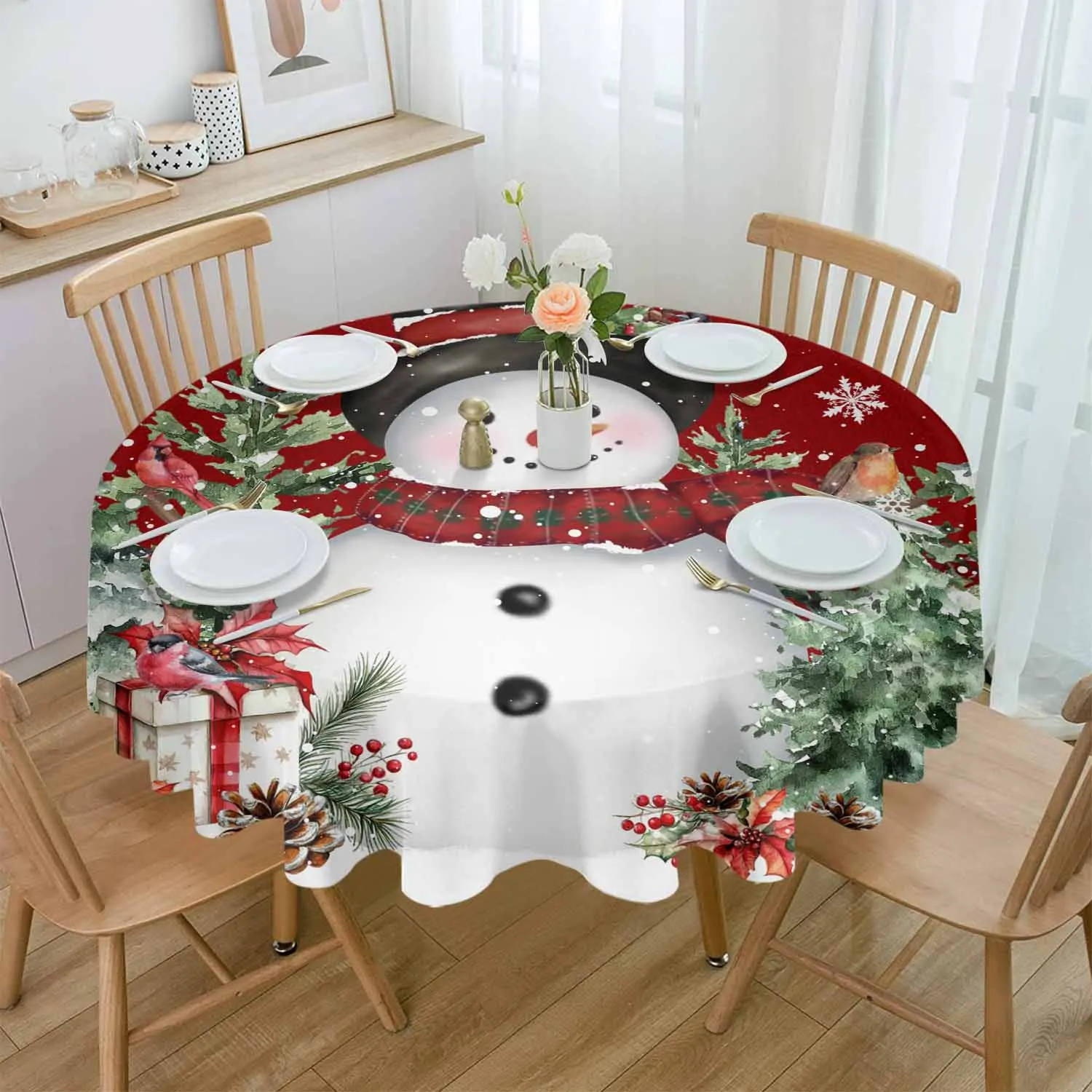 Christmas Tree Snowflakes Robin Snowman Red Round Tablecloth Waterproof Table Cover Home Kitchen Decoration Dining Table Cloth