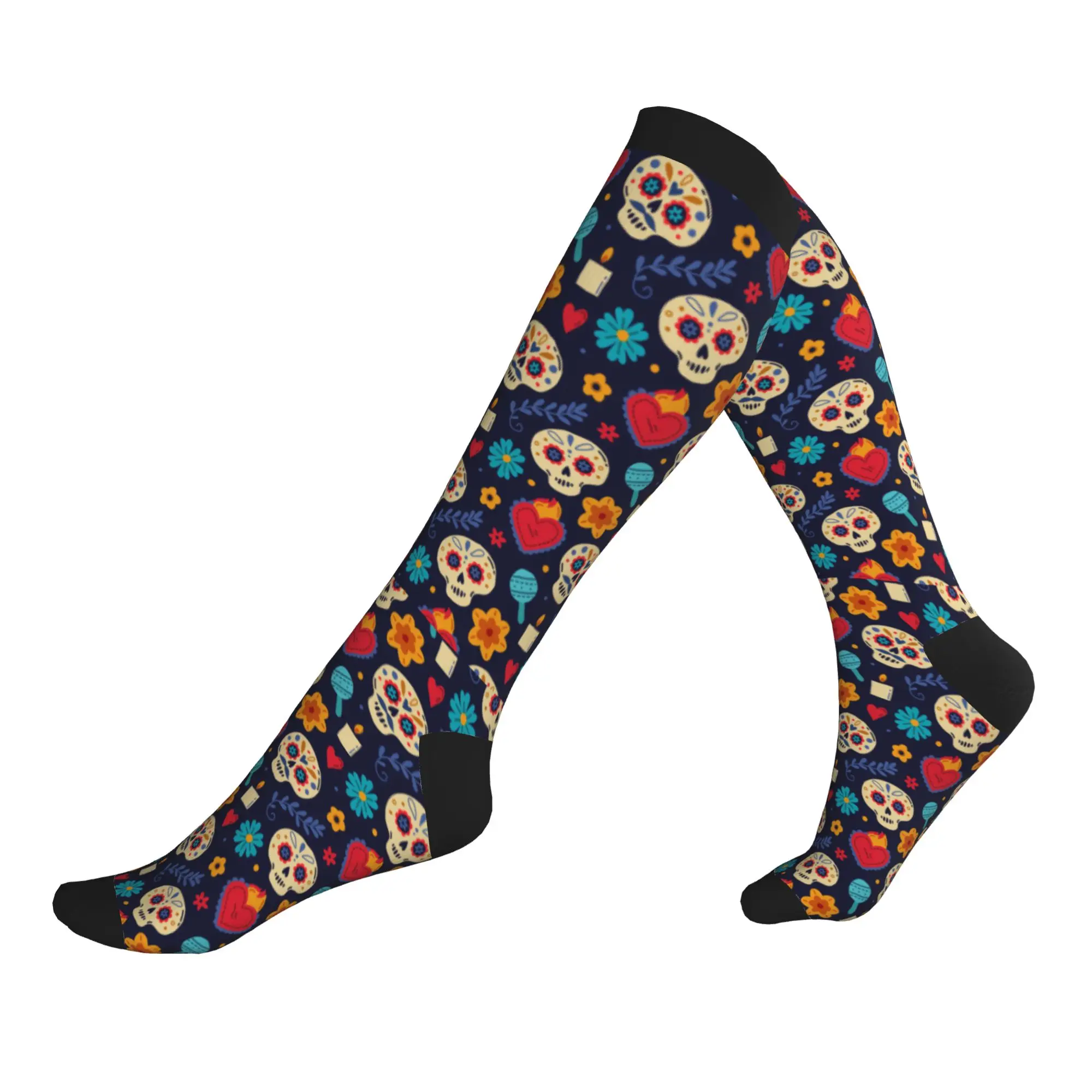 Cute Printing Mexican Flowers Day Of The Dead Sugar Skull Socks for Men Stretchy Summer Autumn Winter Sports Compression Socks