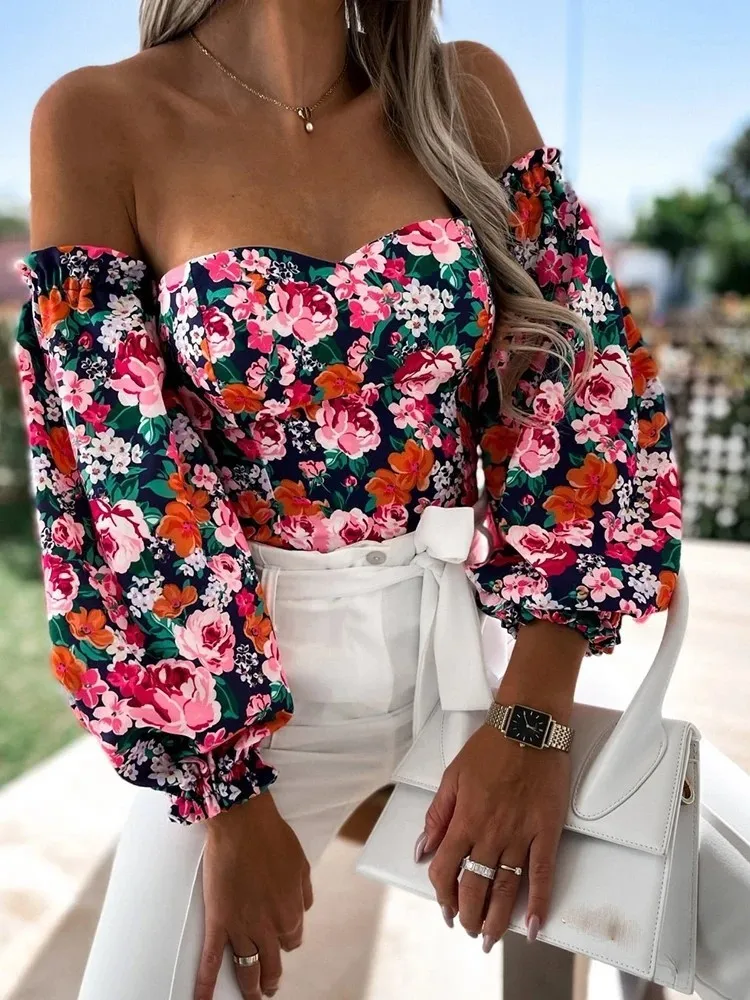 Spring Summer Sexy Off Shoulder Women Blouse Fashion Puff Sleeve Bodycon Short Top Casul Holiday Beach Floral Blouses Tops