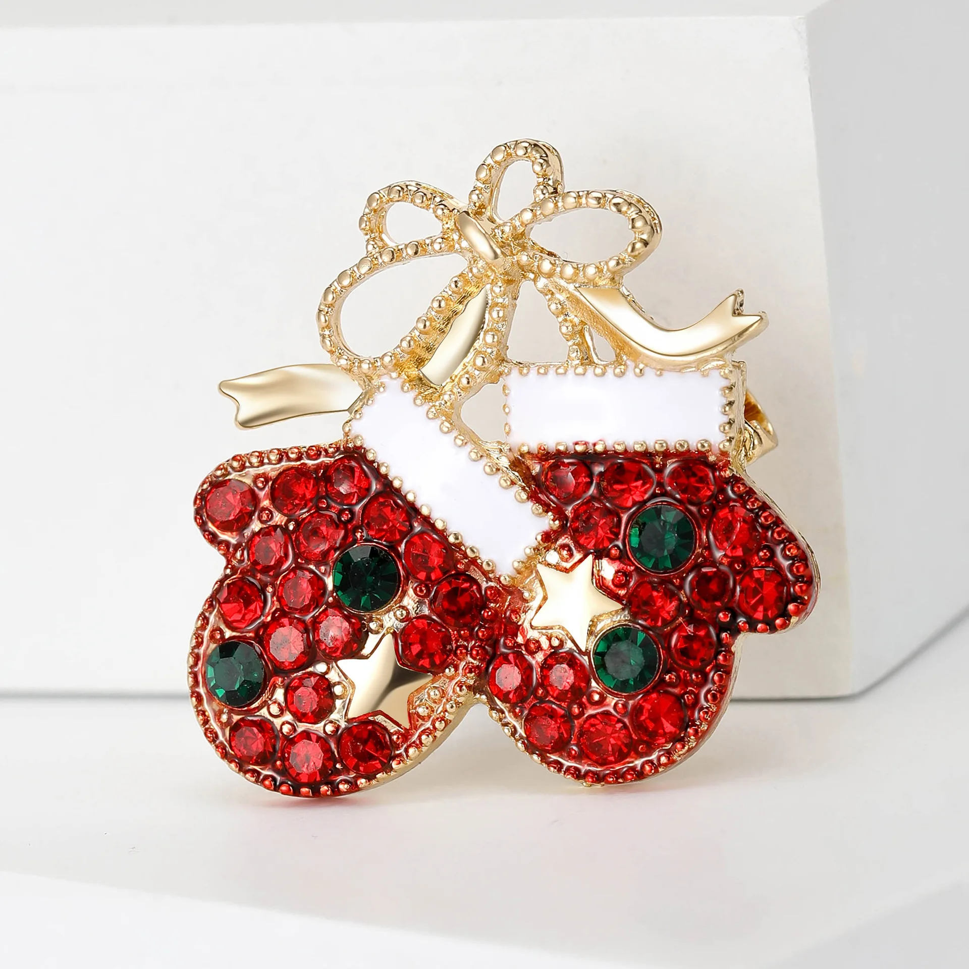 New European and American Christmas glove brooch hot selling rhinestone handmade oil drop chest flower image 3