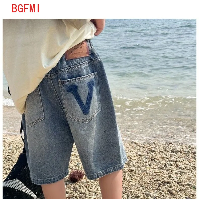 

Корейские детские свободные прямые повседневные джинсовые шорты для мальчиков, детские синие джинсовые шорты, От 4 до 14 лет, летняя одежда для мальчиков-подростков