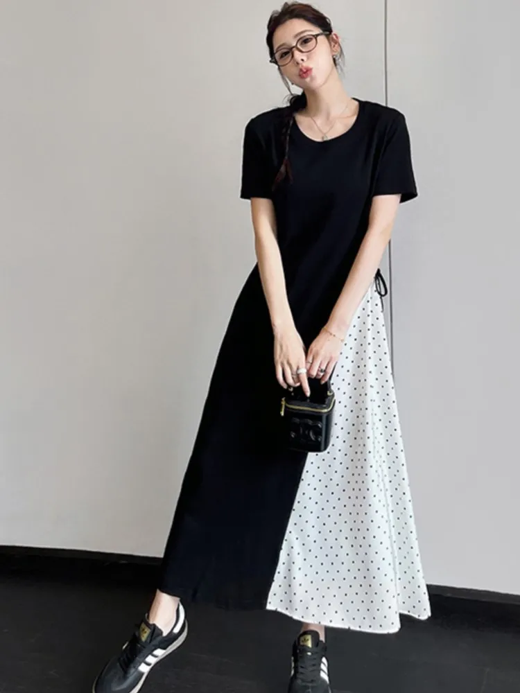 Summer New Loose Polka Dot T-shirt Dress Round Neck Short Sleeve Patchwork Casual Dresses Fashion Vintage Women vestidos