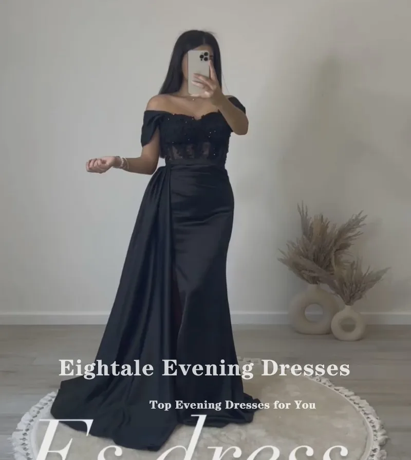 Eightale Black Evening Dress Off Shoulder Appliques Beaded Satin Mermaid Prom Gown Celebrity Wedding Party Gown abendkleid damen