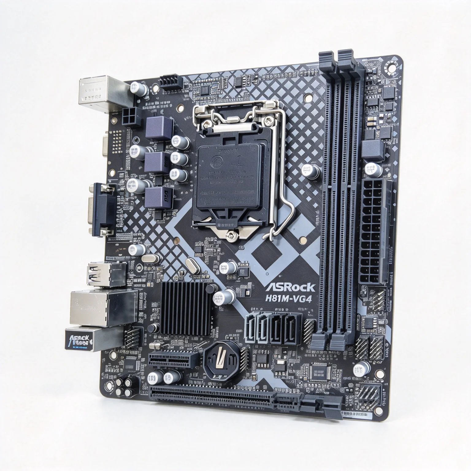 Płyta główna ASROC H81M-VG4 R4.0, gniazdo LGA 1150, DDR3, chipset Intel H81, USB 3.0, SATA III, PCI-E 2.0, format Micro ATX, kompatybilna z procesorami Core i3 4170, i3-4160, i5-4430. — zdjęcie produktu 2